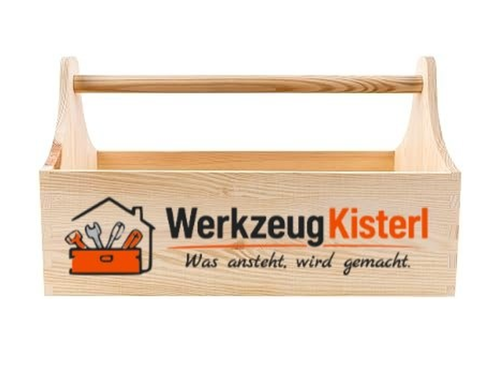 Offene Holz-Werkzeugkiste mit Tragegriff und WerkzeugKisterl-Logo